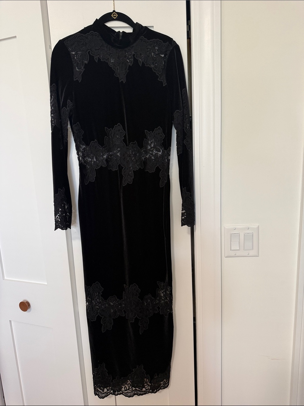 Zara Black Velvet Lace-Trim Long Sleeve  Dress